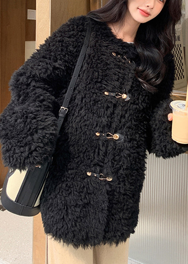 Stylish Pink O Neck Buckle Faux Fur Coat Winter YY002