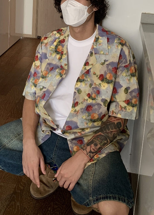 Button Stylish Mens Shirts Summer Print Cotton