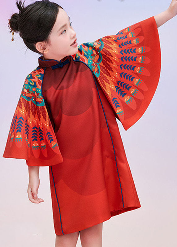 Dresses Sleeves Kids Print Stylish Cloak Red Vacation Maxi
