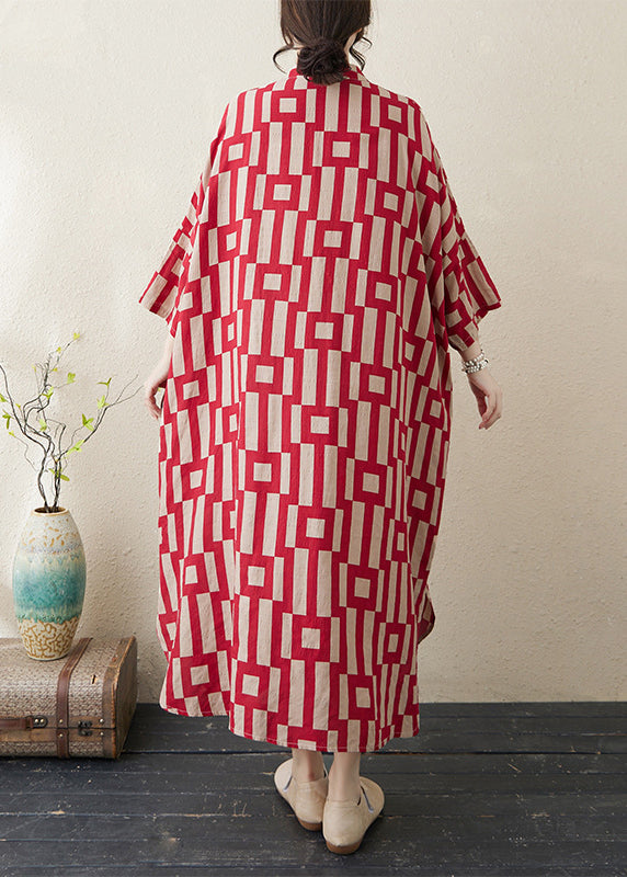 Red Side Open Collar Stylish Stand Striped Bracelet Dress Long