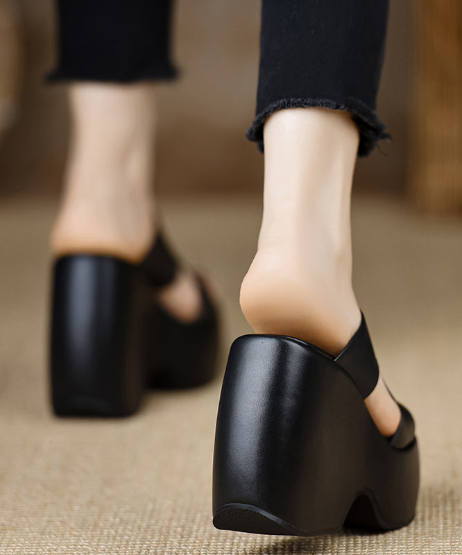 Leather Slide Stylish Heels Wedge Black Cowhide Sandals