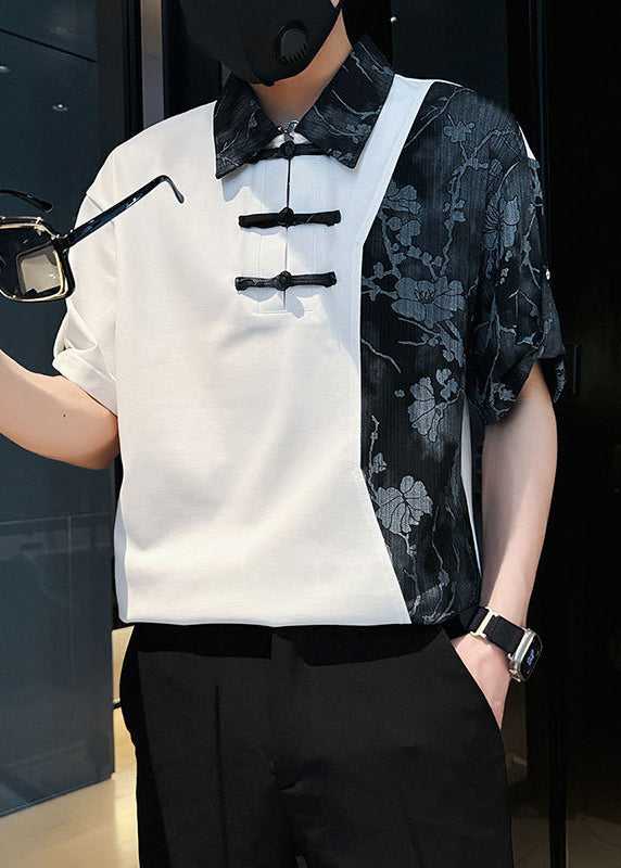 Print Cotton Asymmetrical Mens Polo Patchwork Stylish White