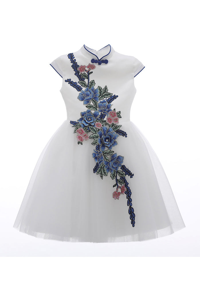 Long Embroideried Girls White Dress Summer Button Tulle Stylish
