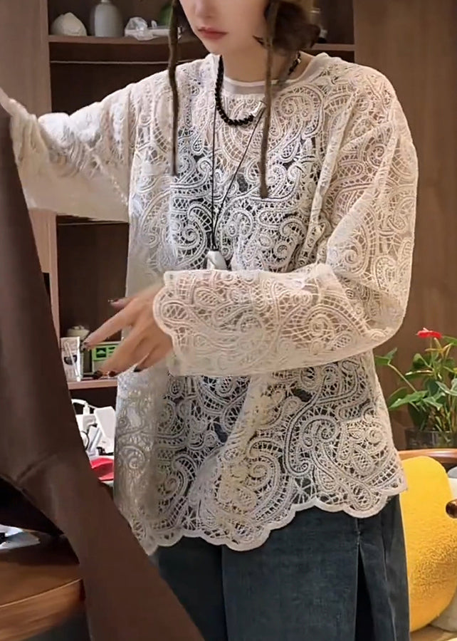 T O-Neck Spring Hollow White Out Shirt Lace Stylish