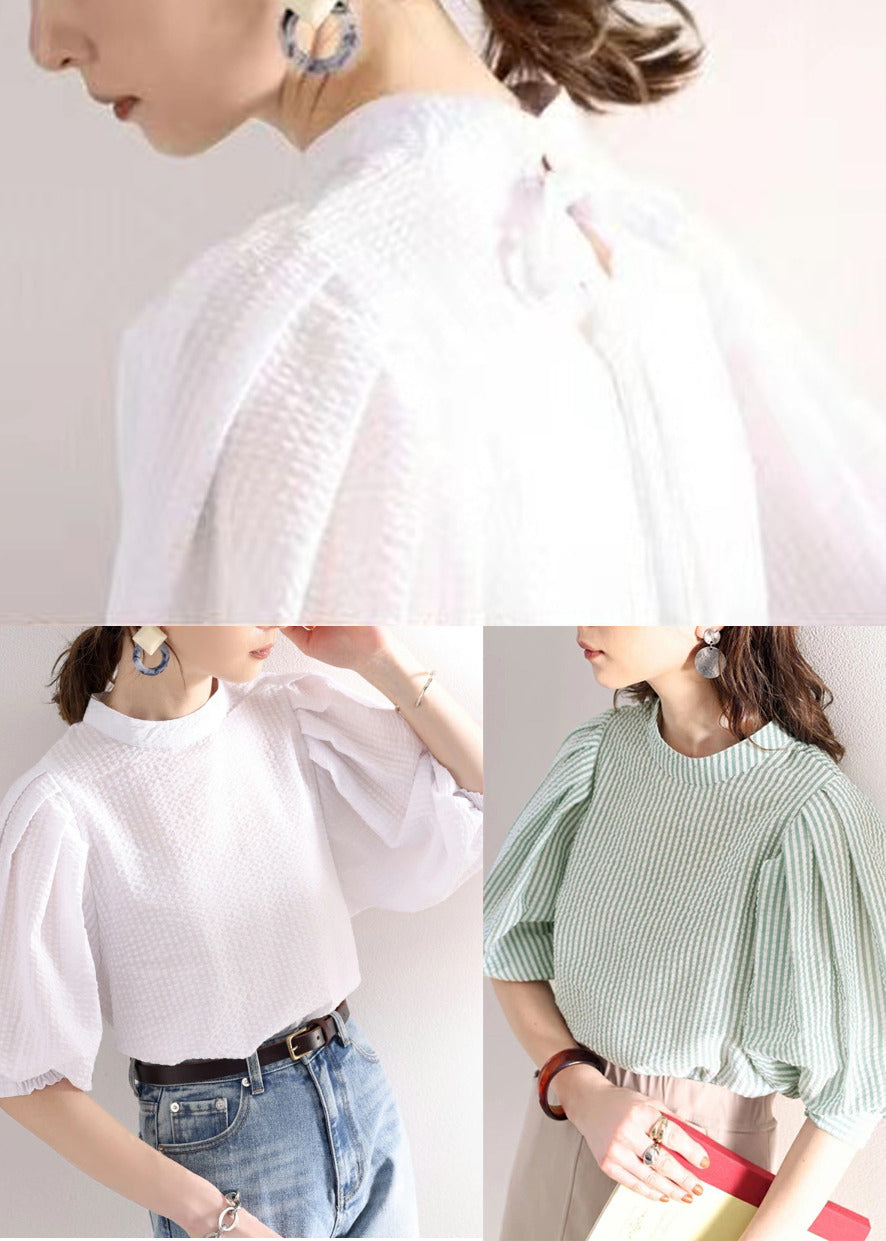 Stylish Cotton Puff Blouses Sleeve White Jacquard