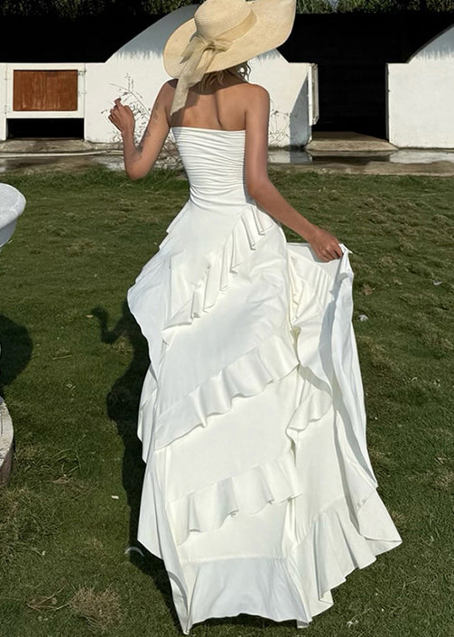 Dress Asymmetrical Ruffled Cotton Stylish Design White Sleeveless