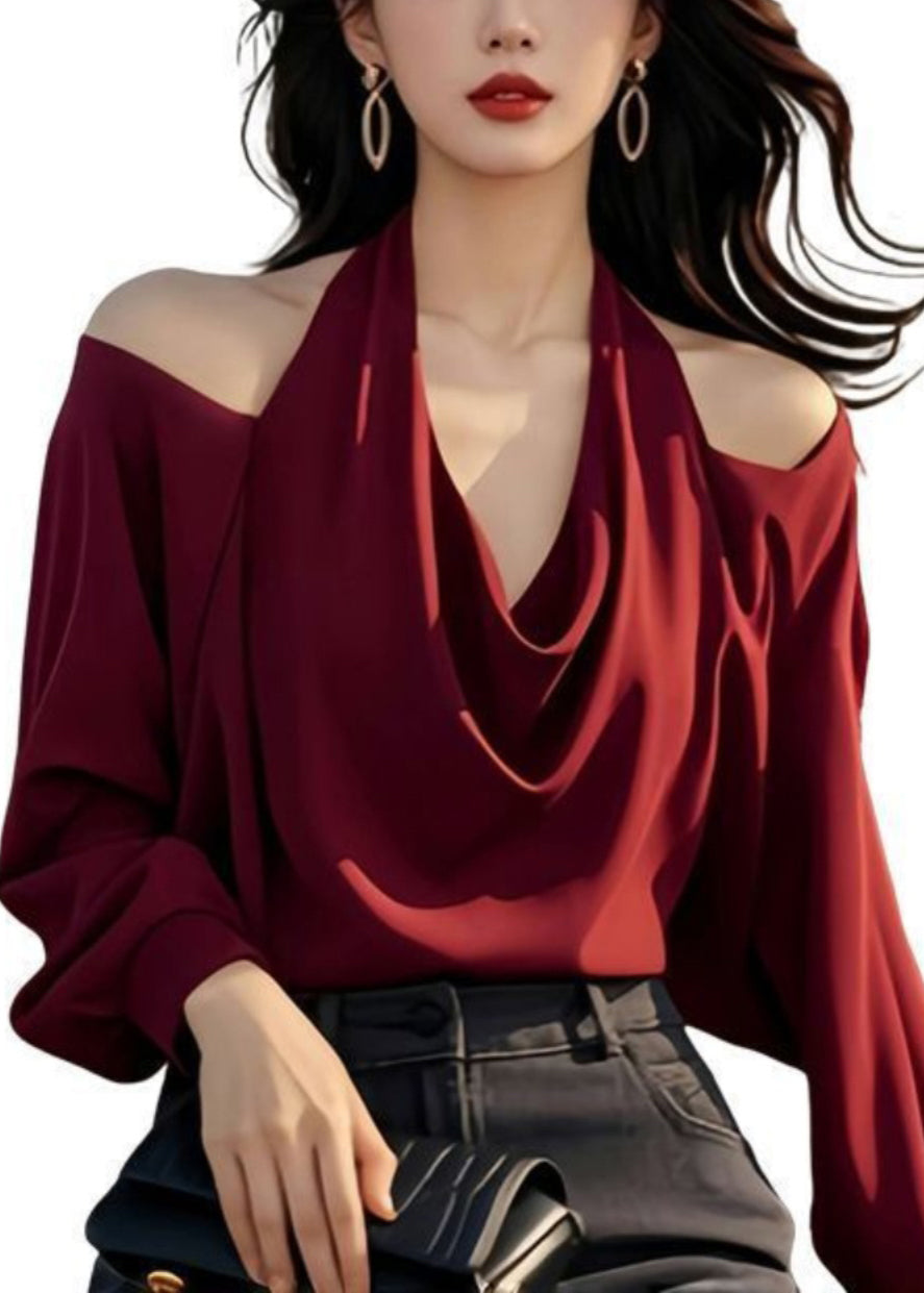 Stylish Wine Shoulder Spring Cold Tops Design Red Solid Original