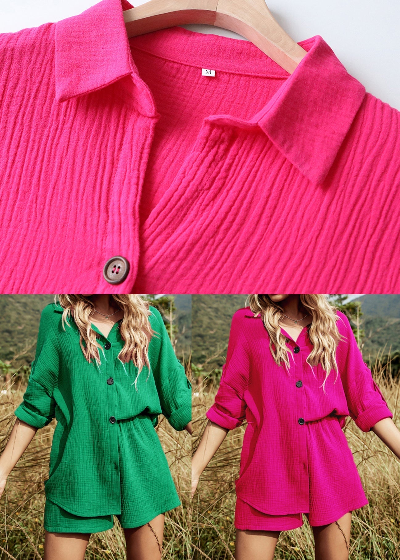 Tea Cotton Button Oversized Two Pieces Set Green Summer