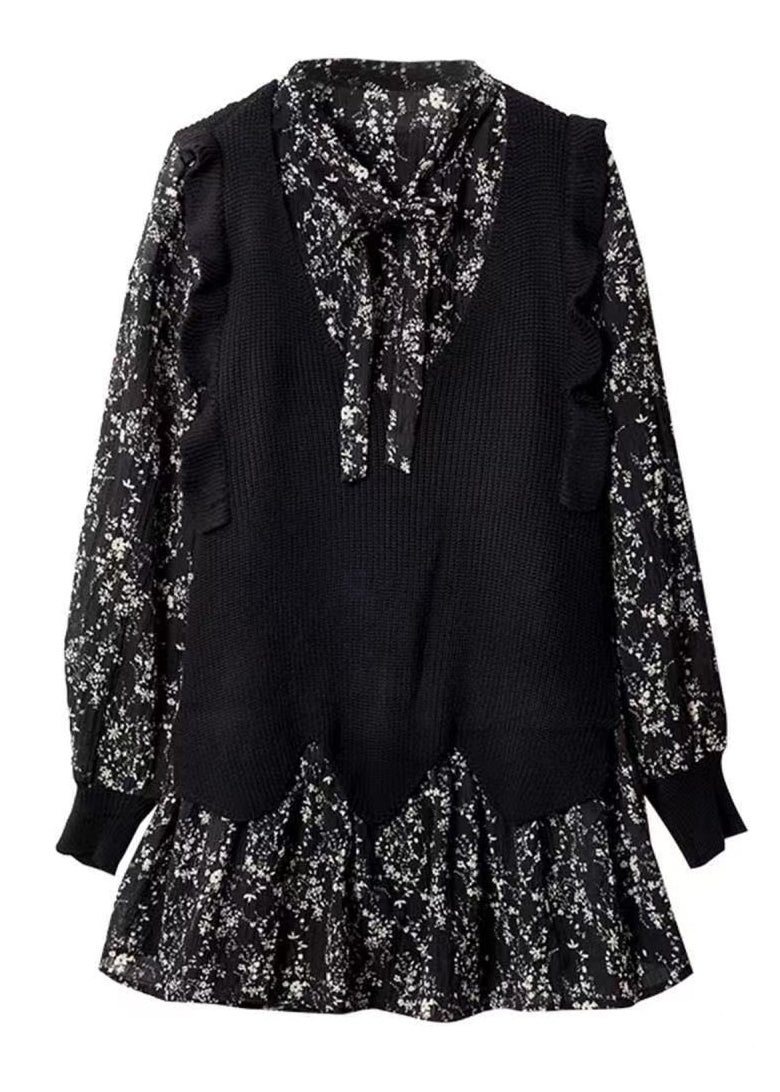 Dress Neck V Black Print Chiffon Unique Spring Mid