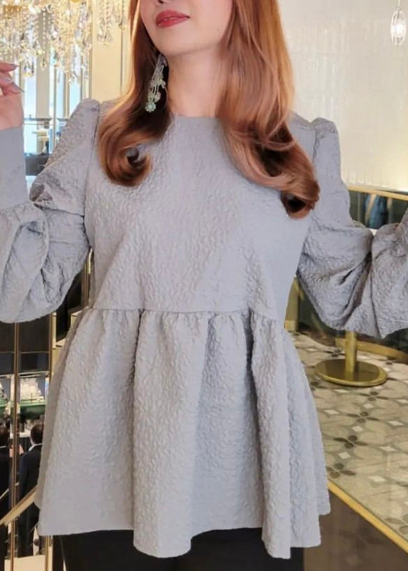 Unique Emboss Tops Blouse Up Cotton Back Fall Grey Lace