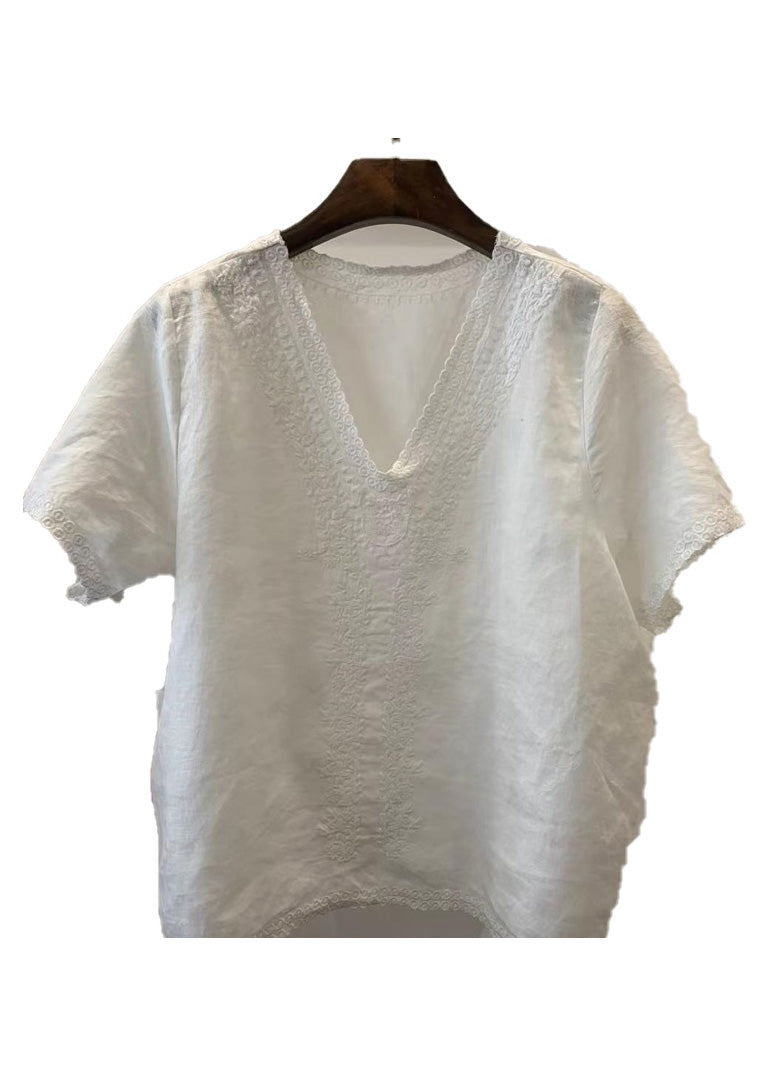 Unique Light Neck Linen Summer Shirt Embroidered V Blue Tops