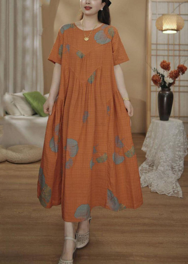 Dresses Unique Orange Cotton Oversized Summer Maxi Print