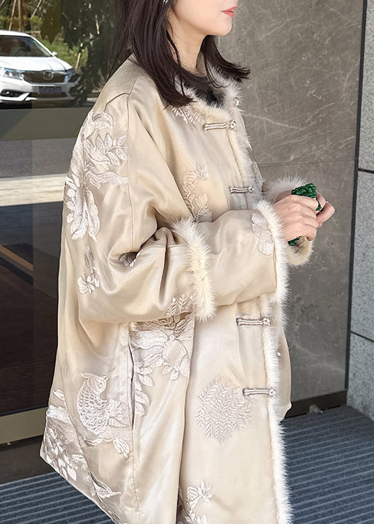 Vintage Beige Embroidered Mink Hair Patchwork Fine Cotton Filled Coat Winter RF002