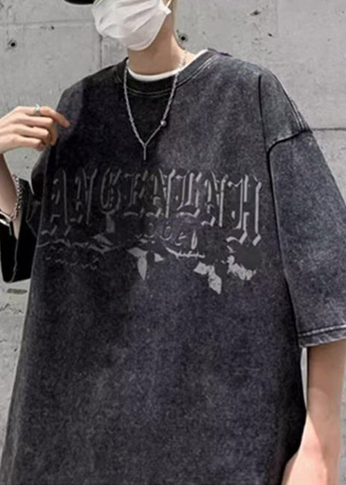 Vintage Black O Neck Letter Print Cotton Men T Shirt Summer YL001