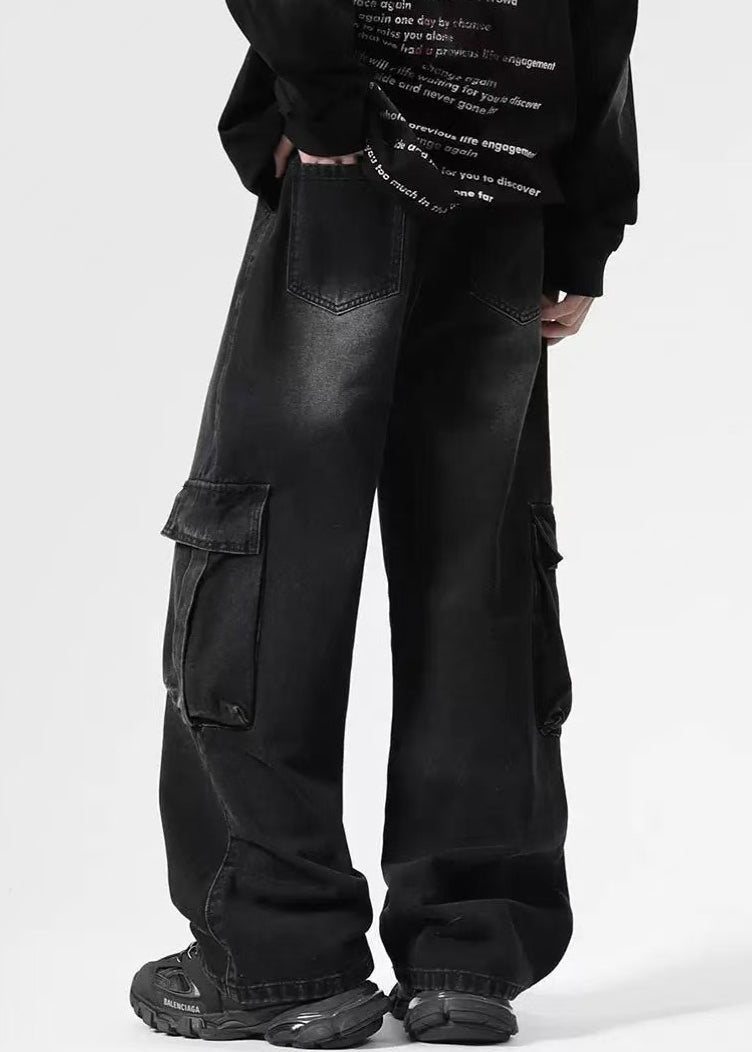 Vintage High Mens Denim Pockets Pants Black Spring Waist