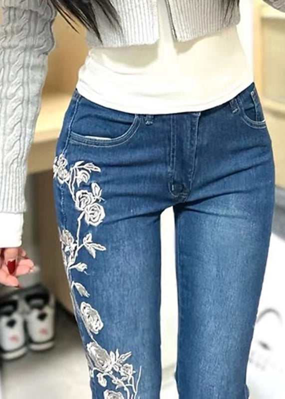 Embroidered Flared Vintage Trousers Denim Spring Blue Pockets
