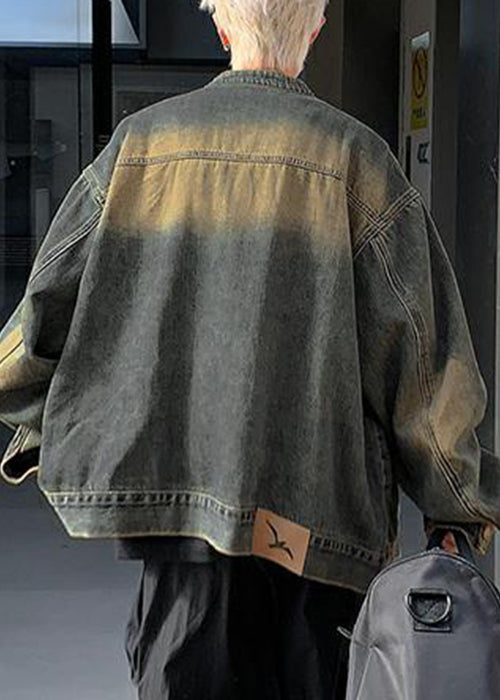 Pockets Zippered Vintage Coat Fall Men Denim Blue