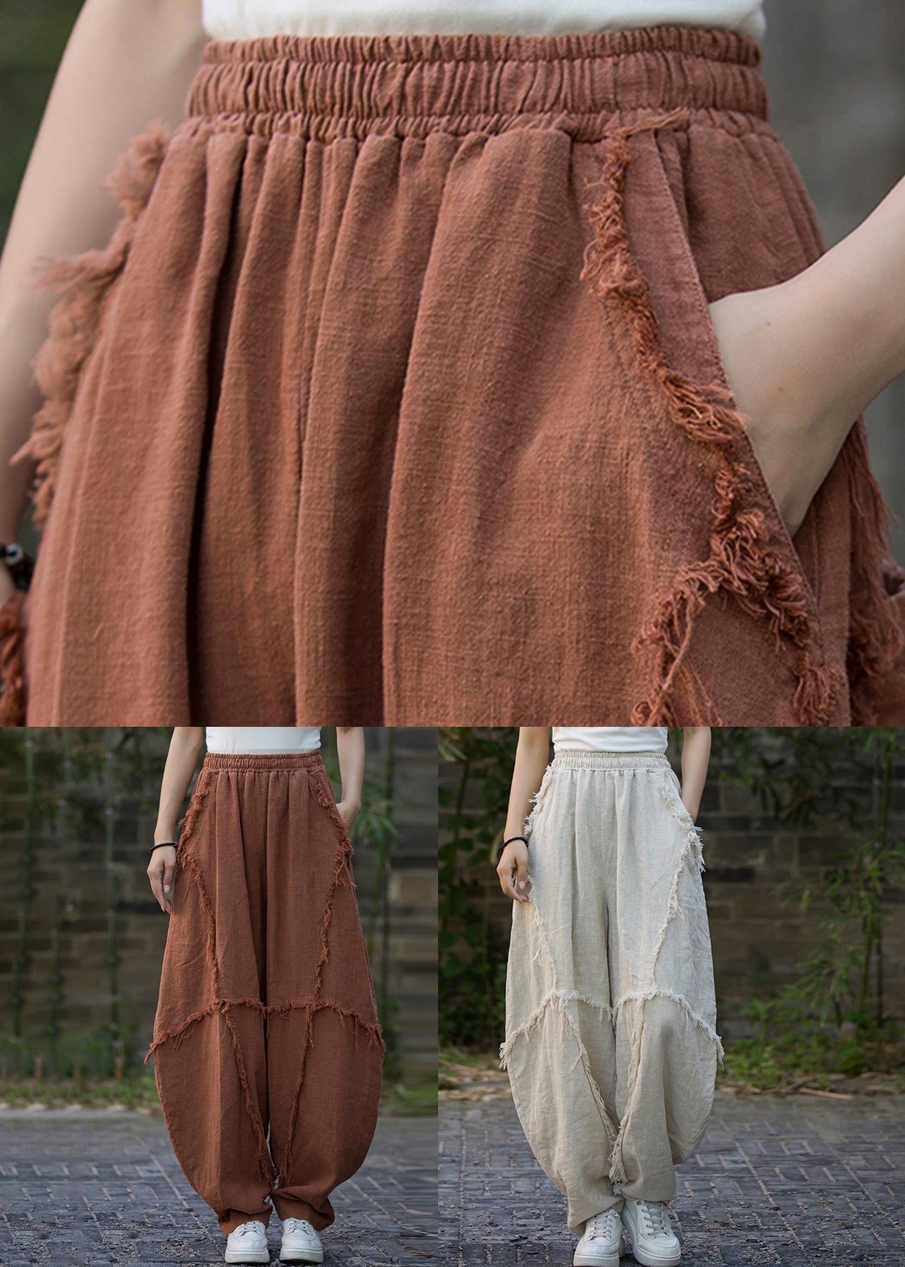 Vintage Ziegelrot Taschen Hohe Taille Leinen Hose Sommer QE040