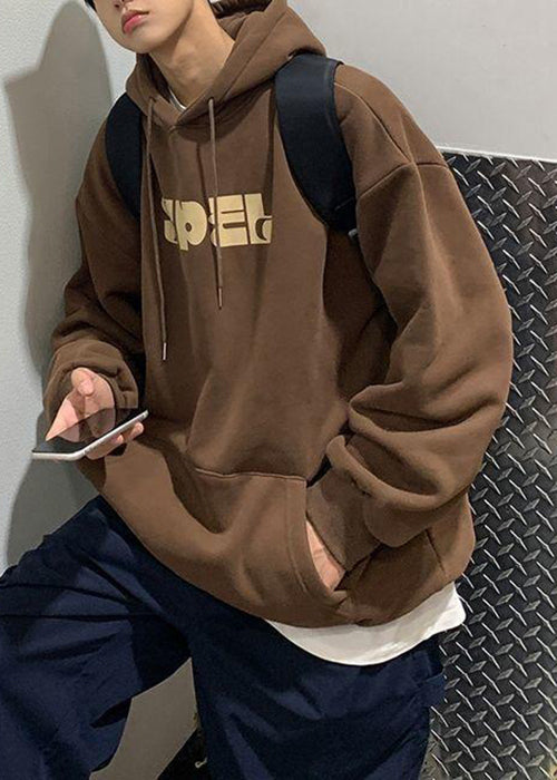 Vintage Brown Hooded Print Lace Up Cotton Men Sweatshirt Spring YQ026