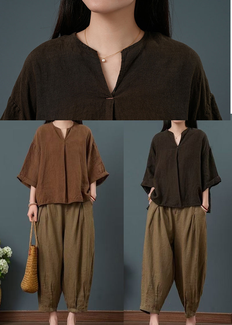 Pieces Neck Chocolate Vintage Two Summer V Linen Set