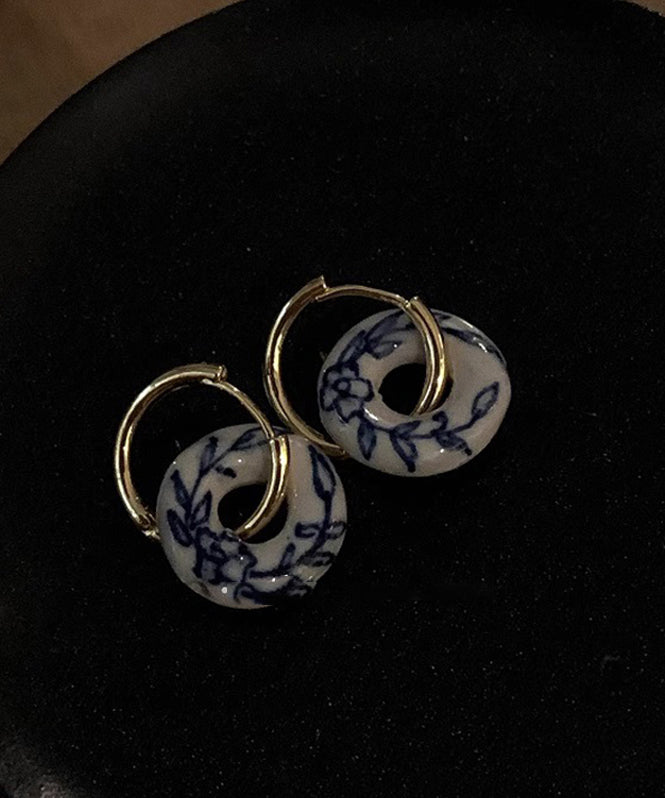 Boucles d'oreilles créoles florales en céramique surdorée en cuivre doré vintage QU047