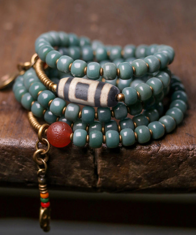 Vintage Green Copper Bodhi Beading Tassel Charm Bracelet GEM639