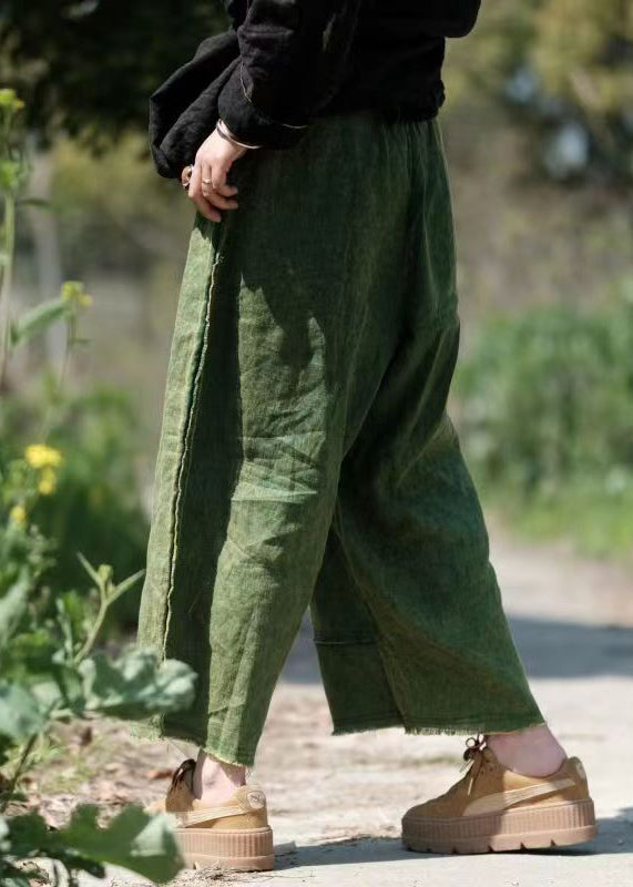 Vintage Grüne Taschen Elastische Taille Leinen Crop Hose Sommer VB1084