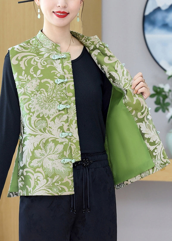 Grüne Vintage-Weste aus Seide mit Stehkragen und Druckknopf, ärmellos, QO013