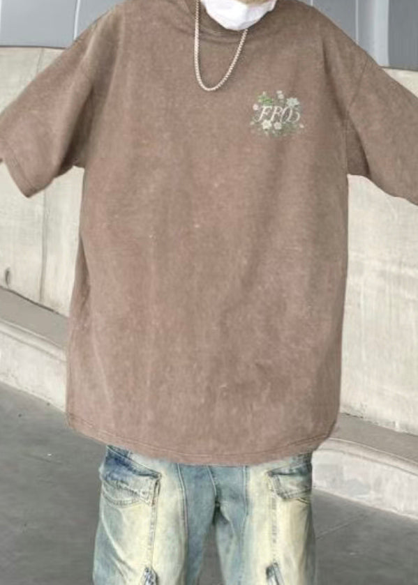 Khaki Cotton Half T Men Cozy Vintage Sleeve Print Shirts