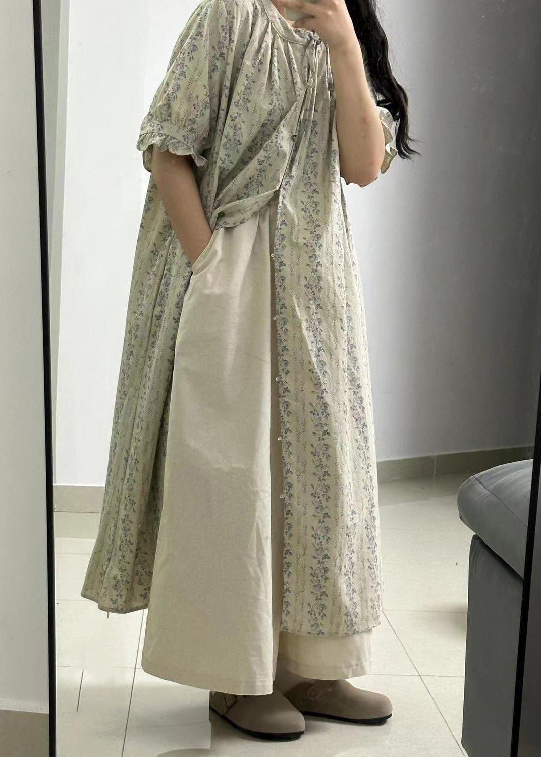 Vintage Light Green Print Button Long Shirts Dress And Skirts Two Piece Set Short Sleeve GH1034