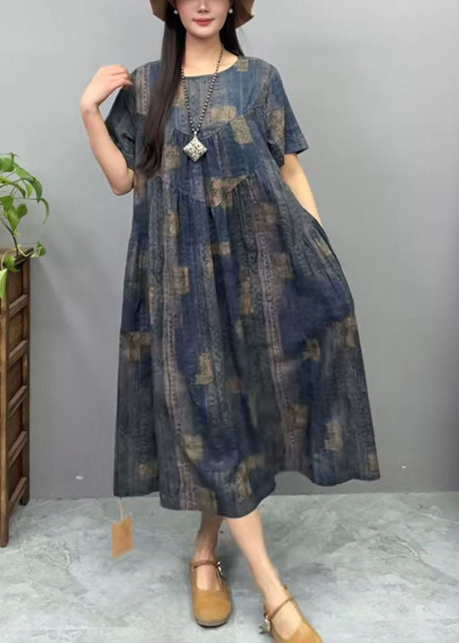 Dress Oversized Cotton Summer Vintage Print Navy