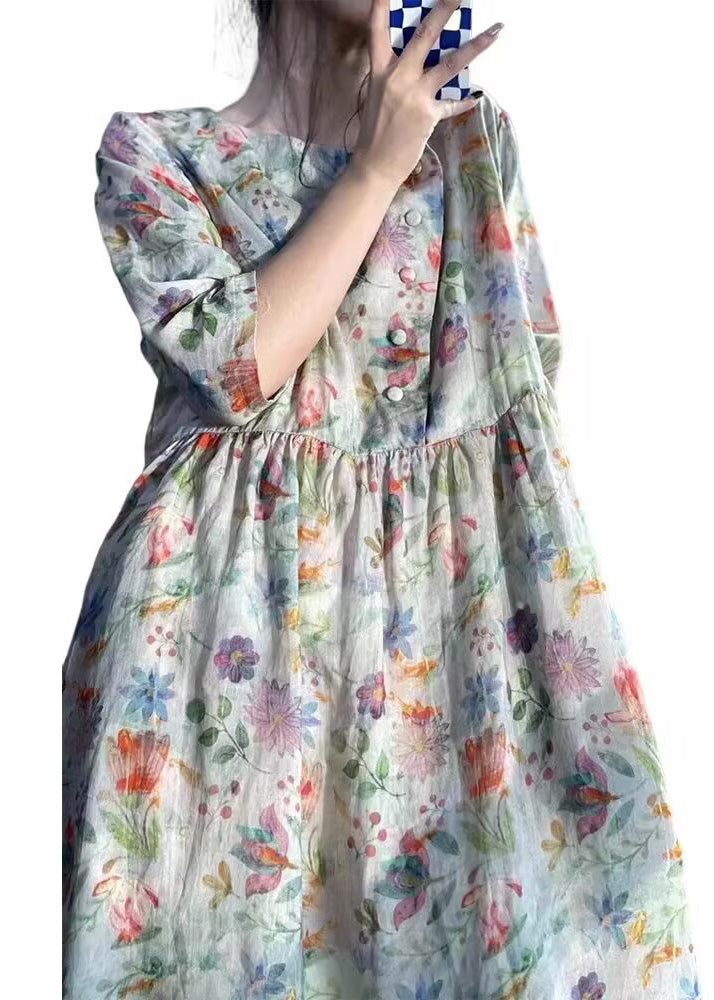 Robe vintage en coton à imprimé patchwork et col rond avec manches bracelet LK012