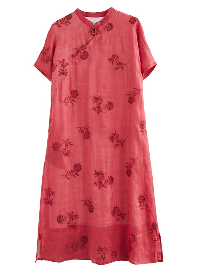 Robe longue vintage rouge à col montant et à manches courtes avec ouverture latérale VV089