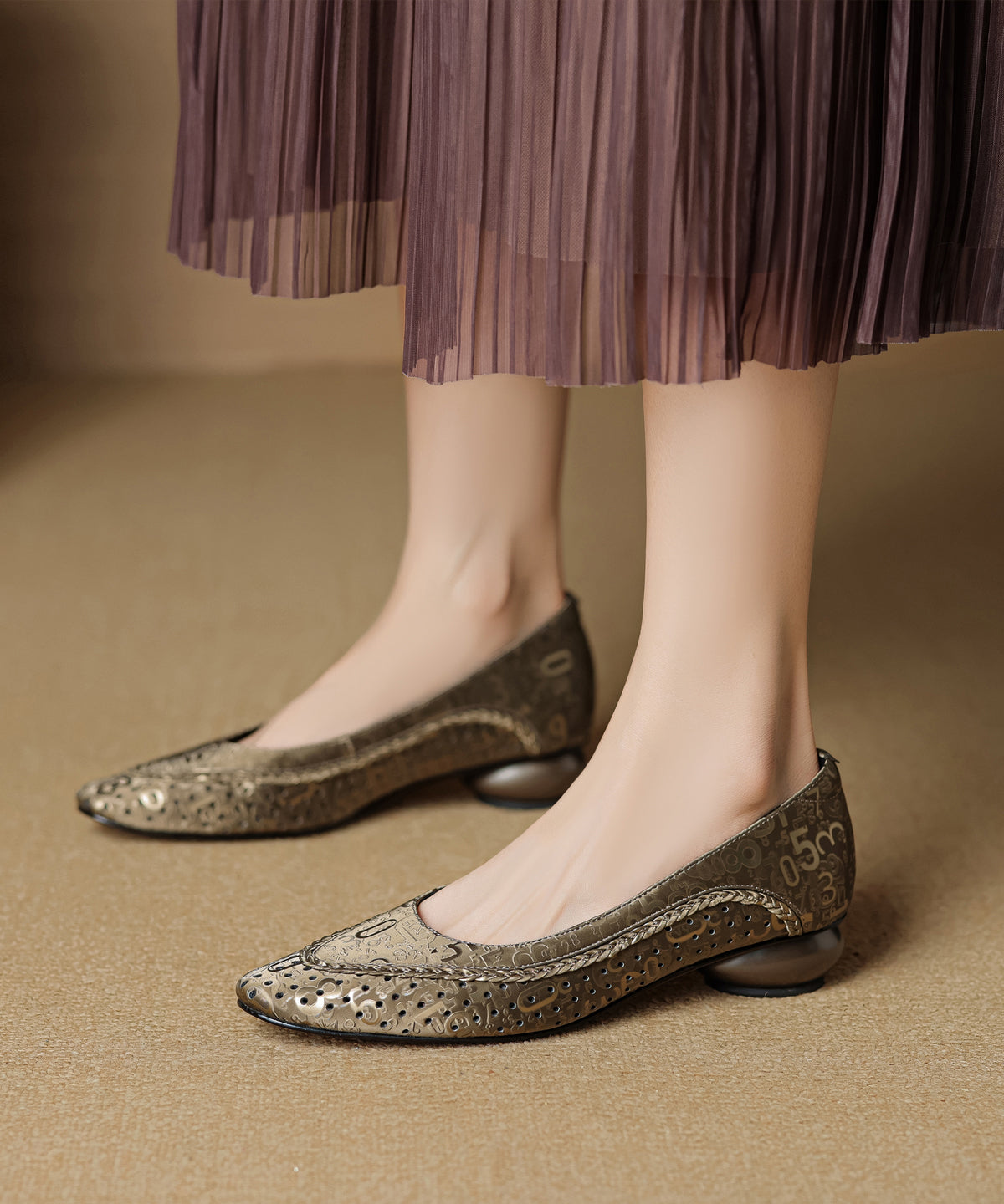 Green Splicing Vintage Cowhide Chunky Leather Breathable Shoes