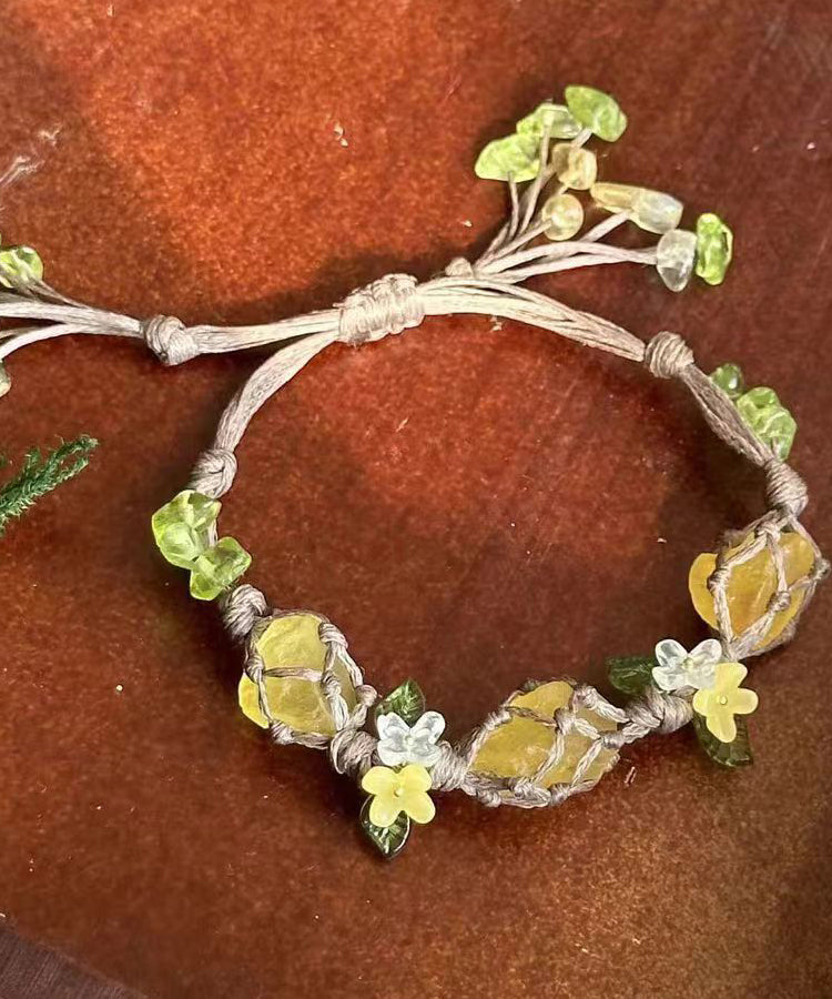 Vintage Yellow Handmade Weaving Crystal Floral Tassel Charm Bracelet QD014