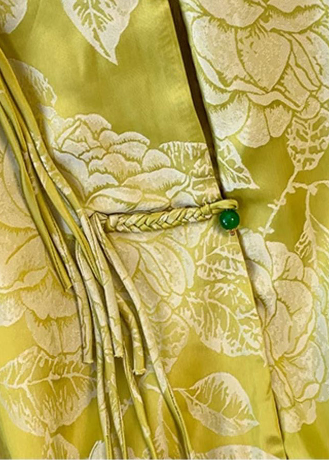 Vintage Yellow Tasseled Button Print Silk Coat Fall QO023