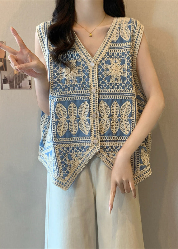 Waistcoat Blue Vest Sleeveless Patchwork Lace Vogue Neck V