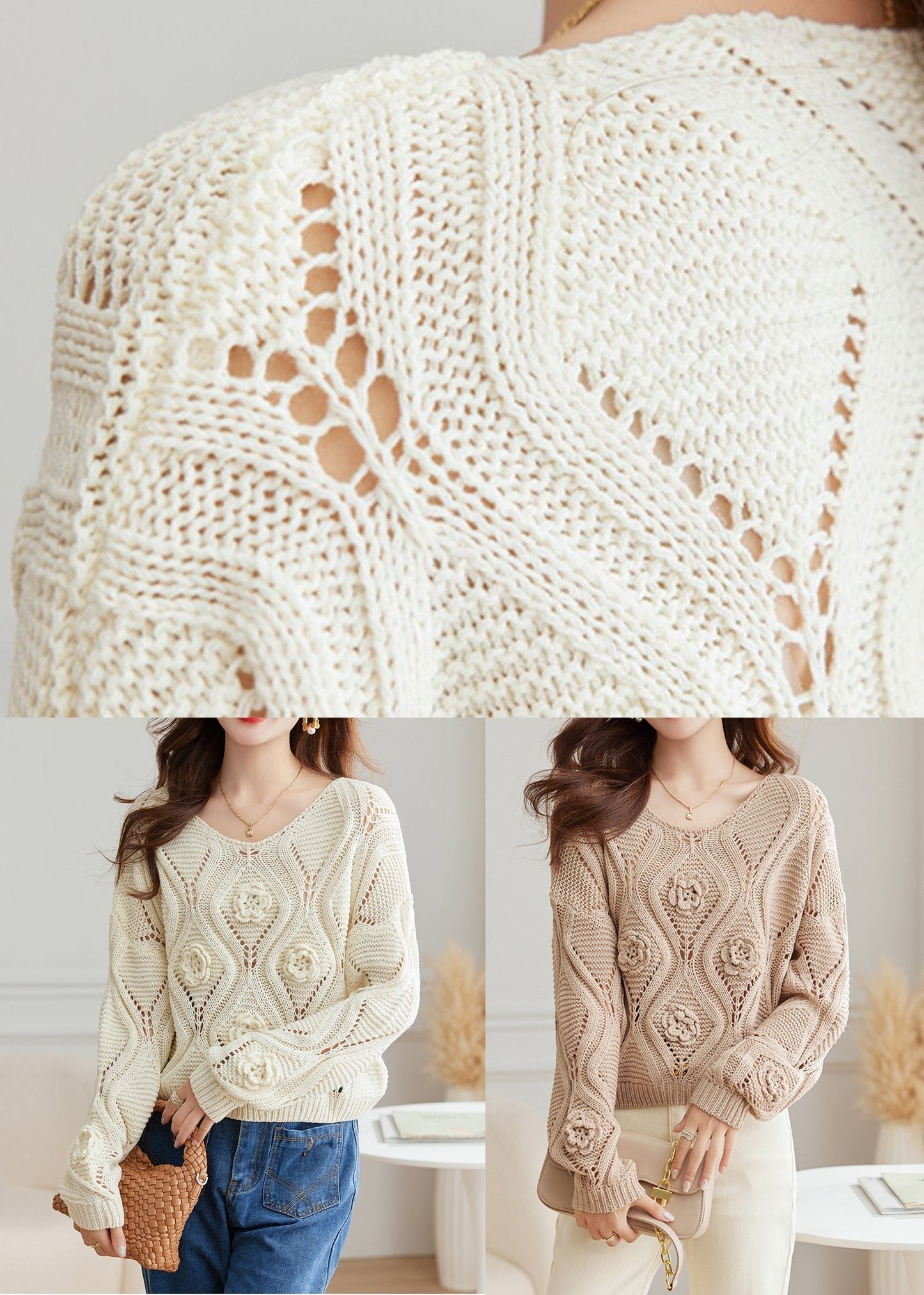 Weißer, ausgehöhlter, gemütlicher Strickpullover mit Rundhalsausschnitt QS028