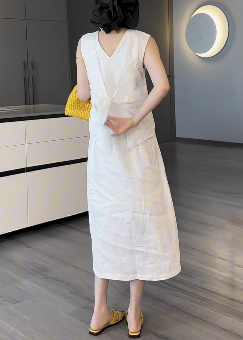 Pockets V Long Two Neck Summer Cotton White Pieces Dress False