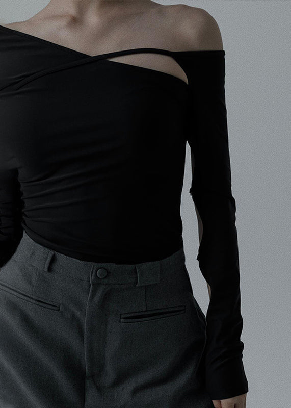 Women Black Asymmetrical Hollow Out Cotton Dance T Shirt Spring YZ040