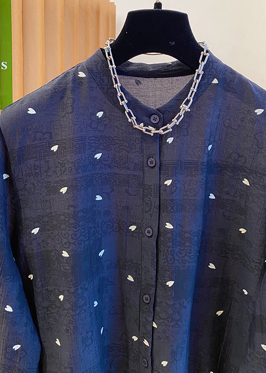 Cotton Neck Blouses Black Jacquard Button Women Fall O