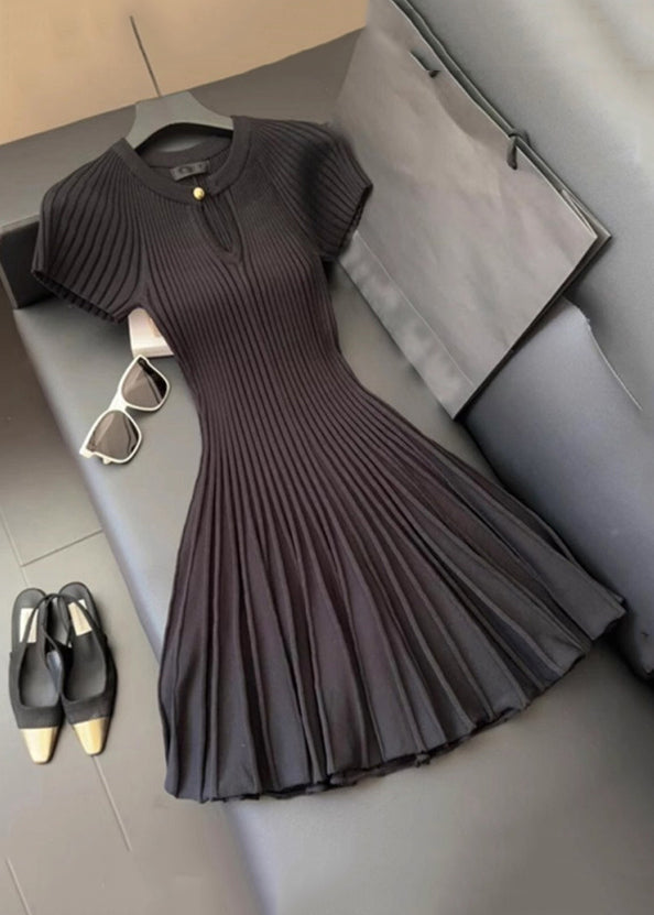 Women Wrinkled Solid Dress Neck Summer Knit Mid O Black