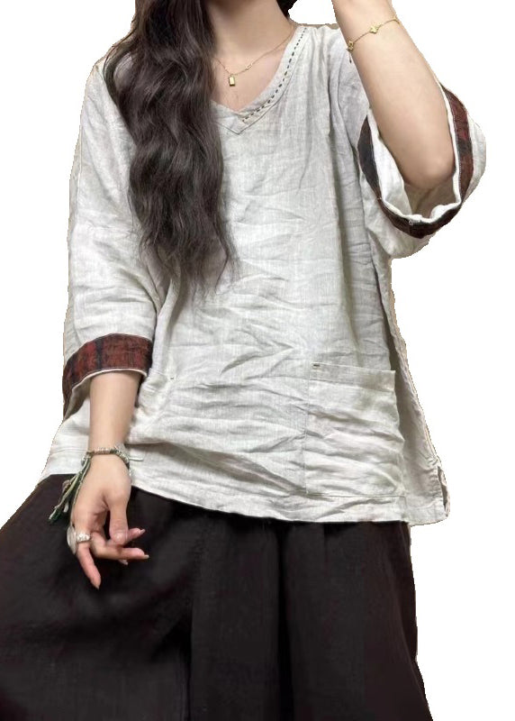 Haut en lin noir uni avec poches et manches bracelet pour femme GG034