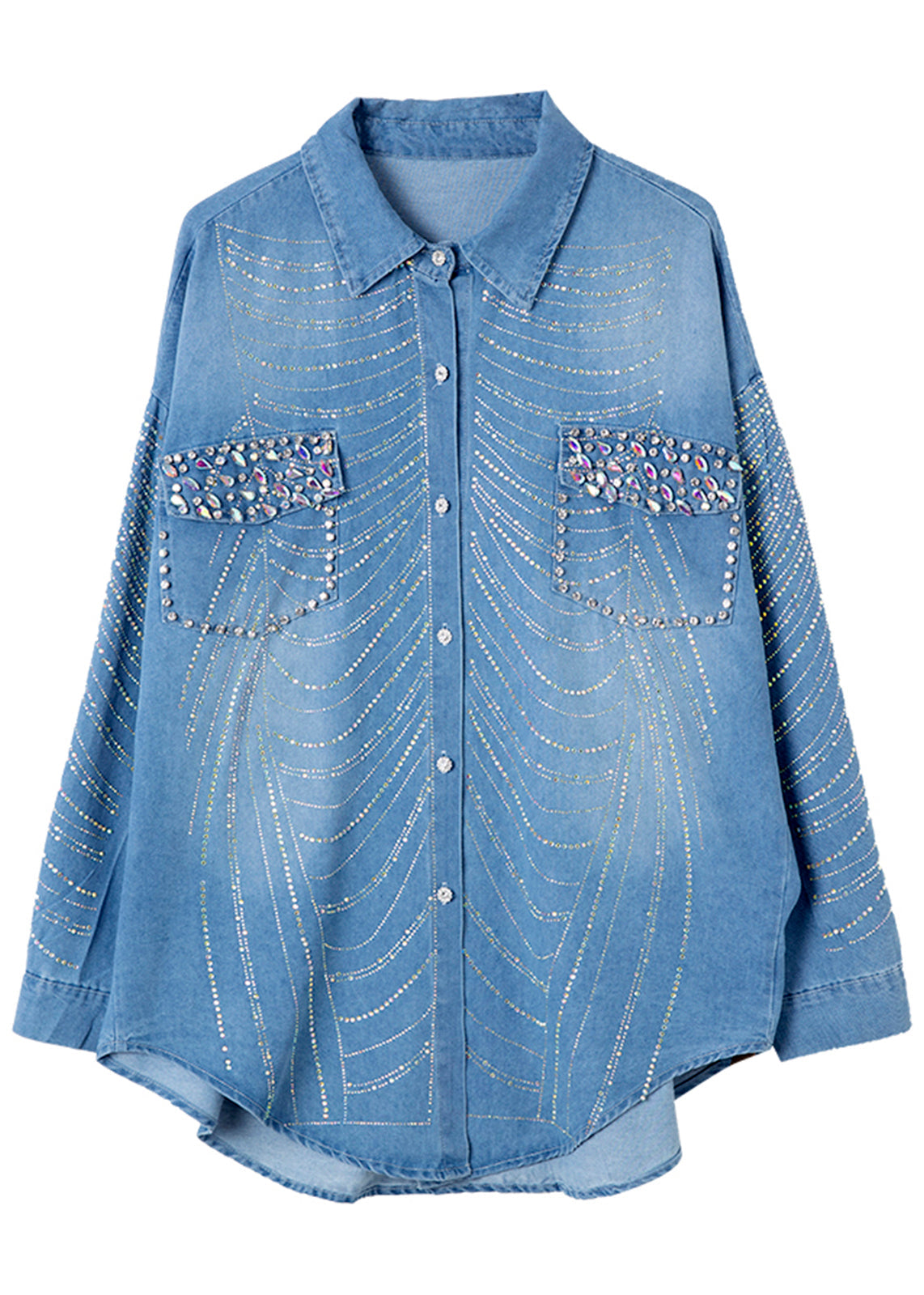 Spring Bead Button Women Zircon Denim Shirts Nail Blue