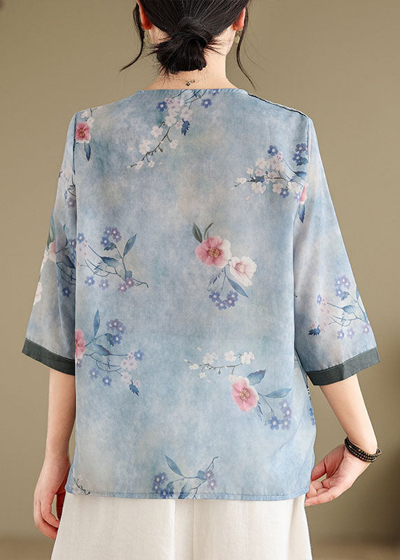 Frauen Blau V-Ausschnitt Print Patchwork Baumwolle Tops Sommer AP091