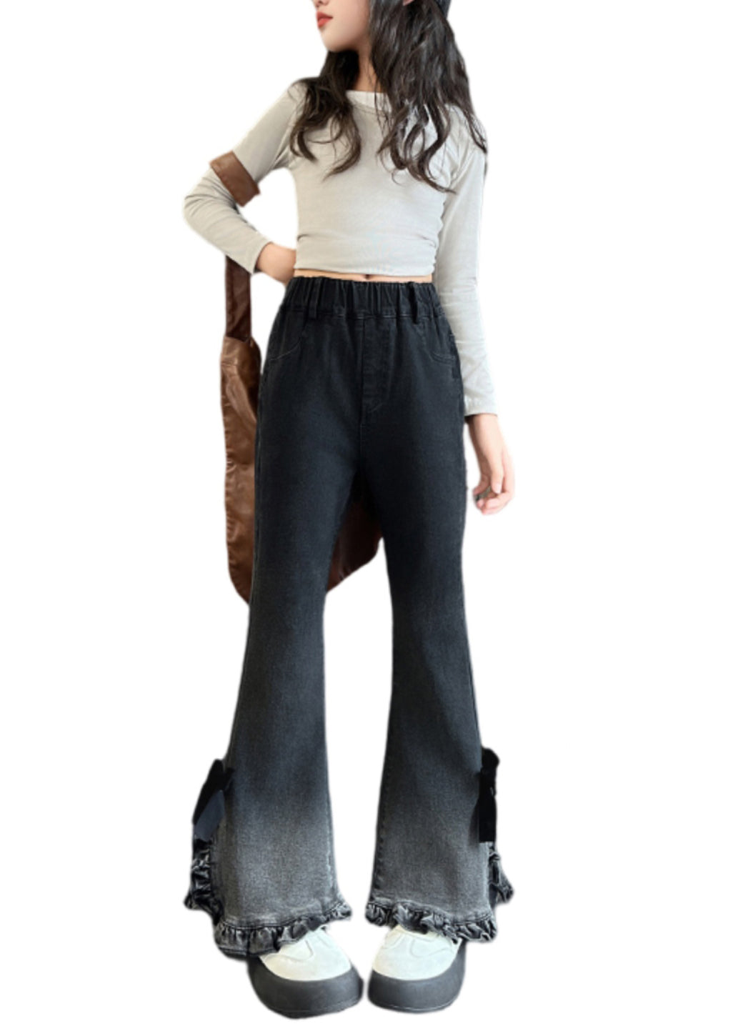 Women Gradient Color Ruffled Side Open Bell-bottom Trousers Spring YK031