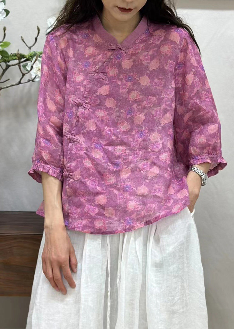 Frauen Grün Chinesischen Knopf Druck Leinen Hemd Armband Ärmel JH005