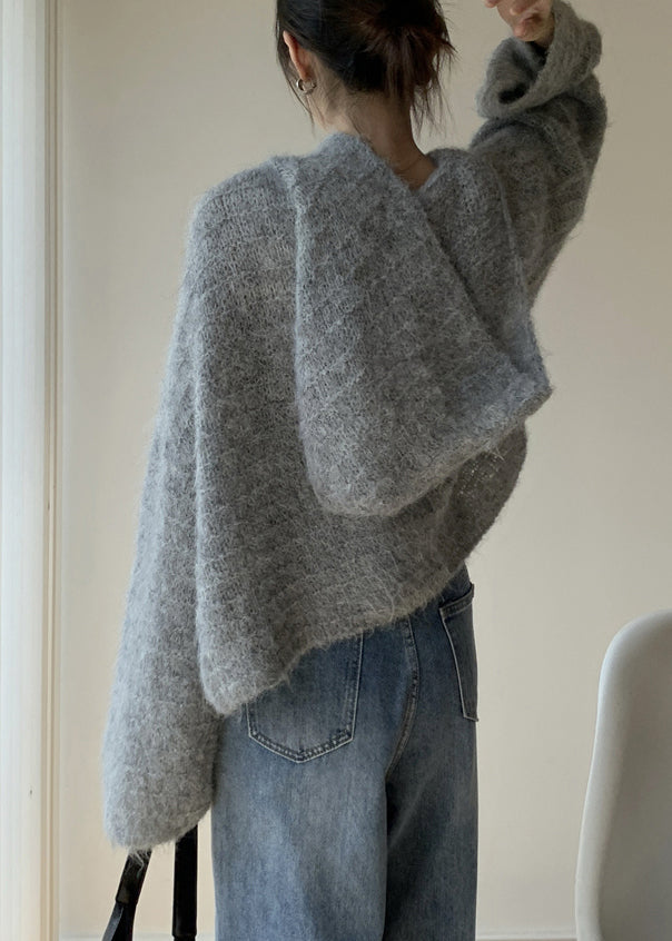 Damen Grauer Kapuzenpullover aus massiver Baumwolle mit Strickmuster, Winter WY024