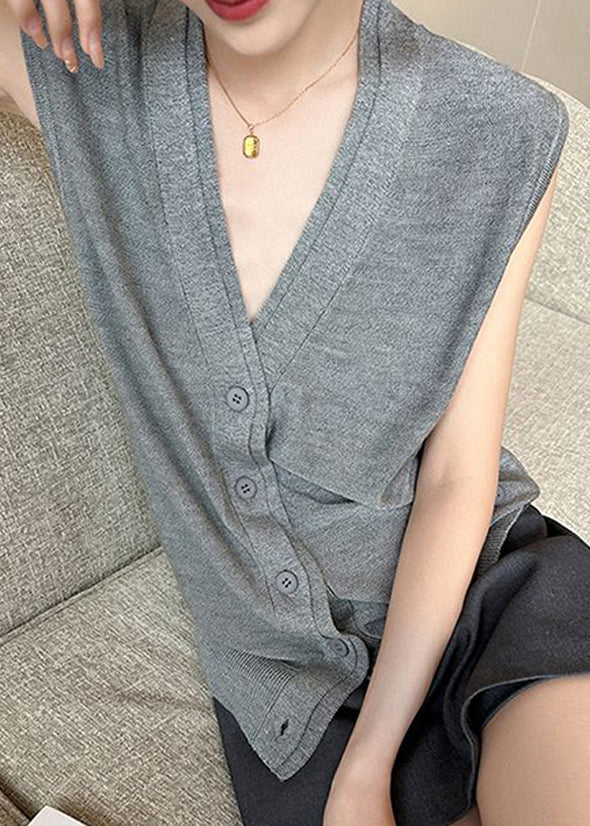 Neck Button Sleeveless Solid Vest Grey V Women Knit
