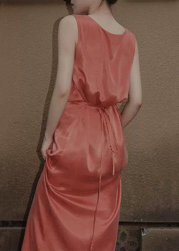 Orange Women Dresses Up Solid Sleeveless Lace Long Silk